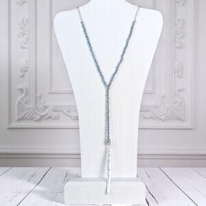 Trendy Boutique Ice Blue Shiny Silver Pendant Beaded Necklace 25.5"